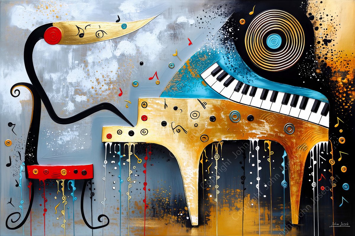 John Joseb Art (Glas) 120x80 | Piano met pianist, artistiek, abstract, muziek, kunst, Salvador Dali stijl | muziekinstrument, goud, rood, bruin, blauw, modern | Foto-schilderij-glasschilderij-acrylglas-acrylaat-wanddecoratie