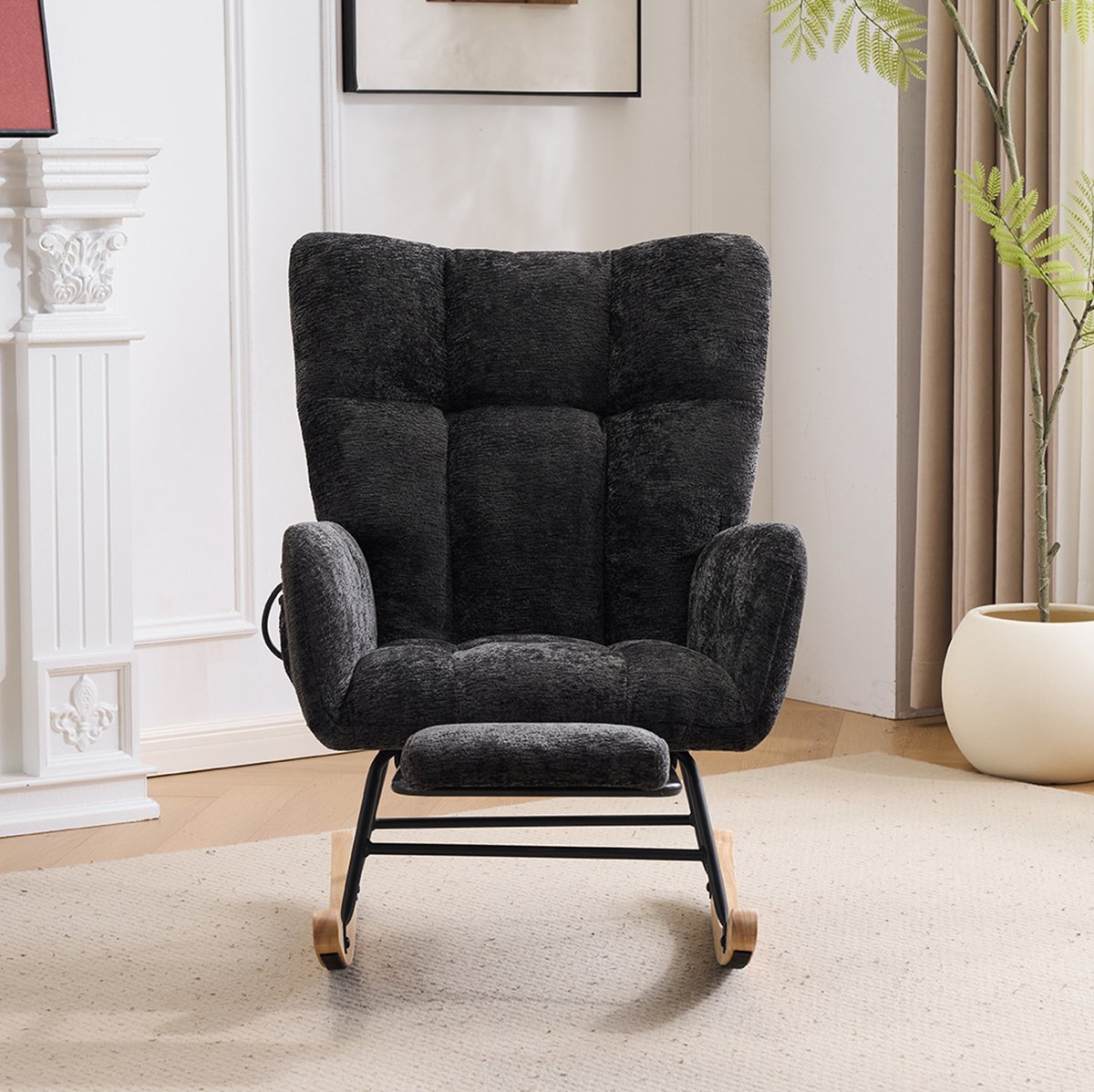 REDOM - Schommelstoel - Hoge rugleuning en armleuningen - Voetensteun en opbergvak - Chenille bekleding - Hout en metaal - Zwart - 63 x 92 x 89 cm
