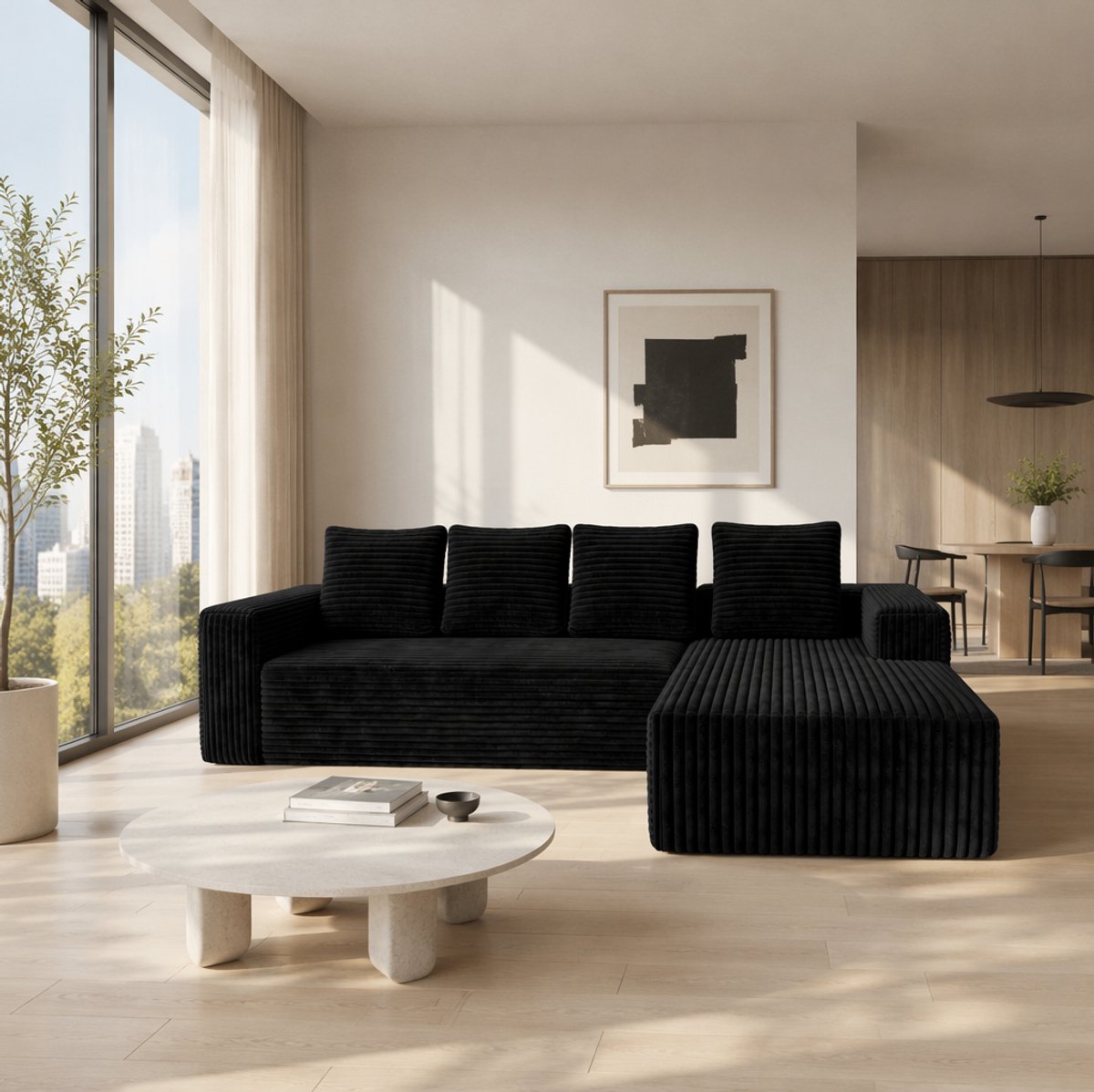 REDOM - Hoekbank - Modulair ontwerp - L-vorm met chaise longue links - Geen montage vereist - Corduroy bekleding - Zwart - 261 x 168 x 58 cm
