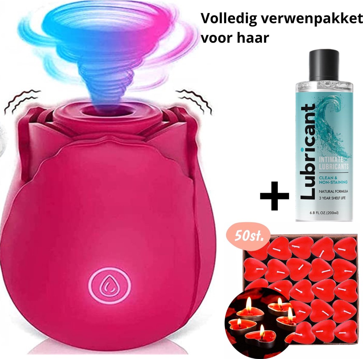 Intiem cadeau - Luchtdruk Vibrator Roos - Verwenpakket vrouw - Cadeau voor vriendin - 50 hartjes kaarsjes - 200ML Glijmiddel