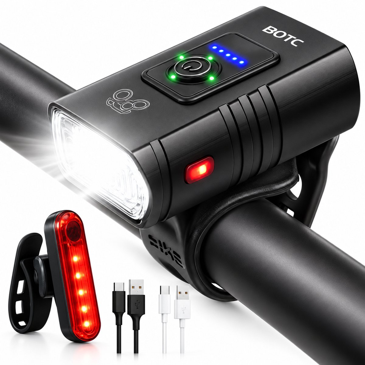BOTC Fietsverlichting USB oplaadbaar - 1000 Lumen - Voorlicht & Achterlicht - Aluminium Led Fietslamp - Waterdicht - Valbestendig - Koplamp fiets - Fietslampjes - Fietslichten - Zwart