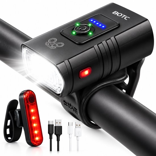 BOTC Fietsverlichting USB oplaadbaar - 1000 Lumen - Voorlicht & Achterlicht - Aluminium Led Fietslamp - Waterdicht - Valbestendig - Koplamp fiets - Fietslampjes - Fietslichten - Zwart