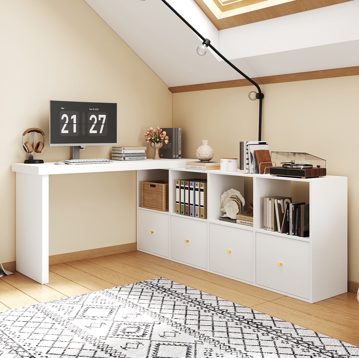 DESMIU Hoekbureau L Vormig Met 360° Draaibaar Tafelblad En 8 Opbergvakken Voor Kantoor En Thuiswerk MDF Wit 120x48x78 En 140x35x74 Cm