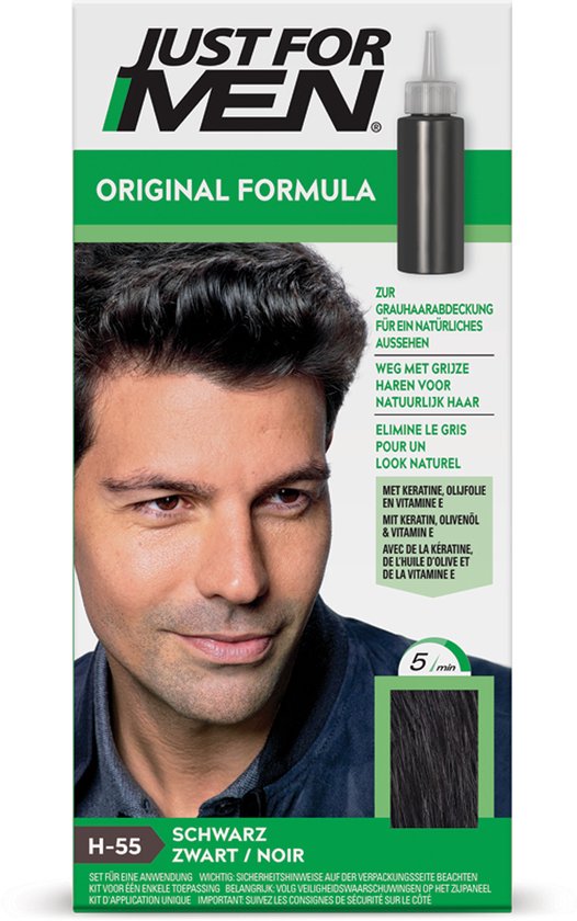 Model met donker haar met "JUST FOR MEN ORIGINAL FORMULA" H-55 Zwart. Verpakking met applicator.