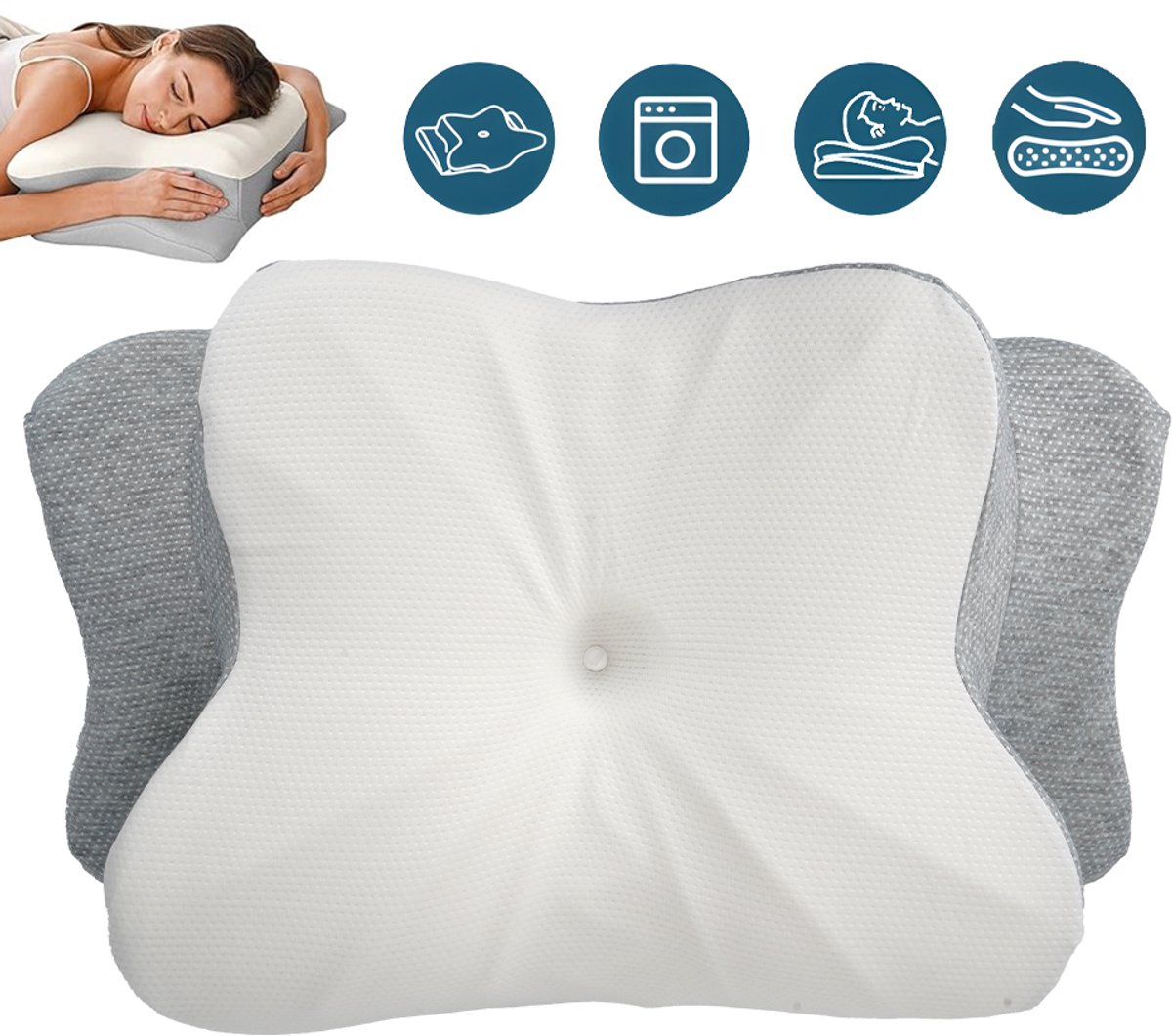 Vlinderkussen Van Traagschuim Met 2 Hoogtes - 15° Ergonomische Contour Gecertificeerd Veerkrachtig Schuim Wasbare Hoes - Voor Nek Hoofd En Schouders