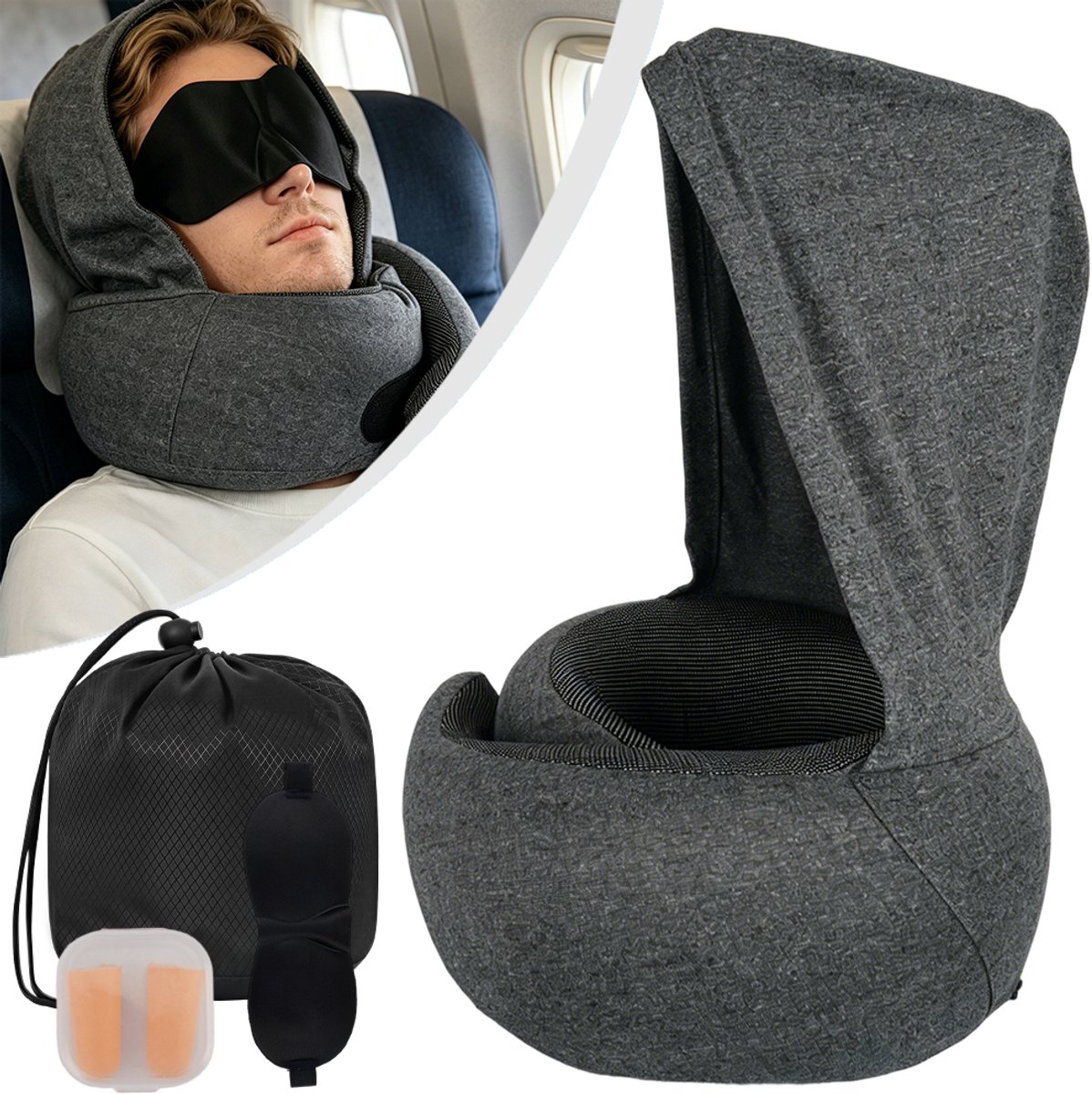 Nekkussen Met Capuchon, Oordopjes En Oogmasker - Ergonomisch, Zacht Katoen, Opklapbare Bevestiging, Compact - Voor Thuis, Vliegtuig, Auto En Kantoor - Donkergrijs