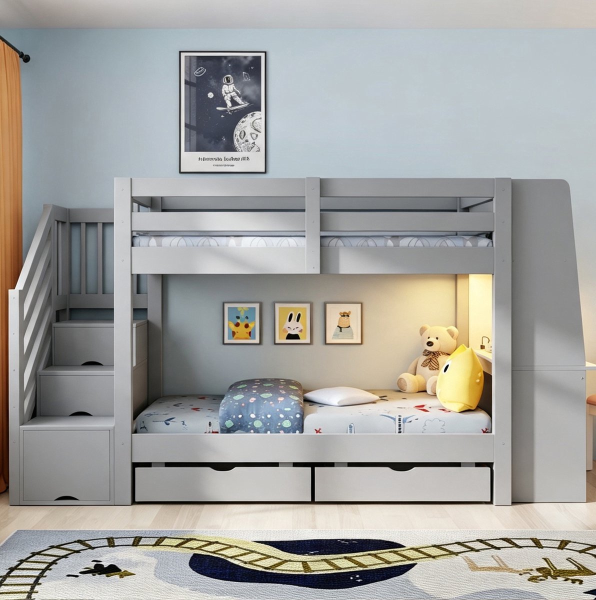 MIVRAY Stapelbed 90x200 cm - Kinderbed met Bureau, Boekenkast, Ledverlichting en Stopcontact - Opberglades - Hout - Grijs