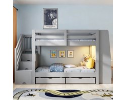MIVRAY Stapelbed 90x200 cm - Kinderbed met Bureau, Boekenkast, Ledverlichting en Stopcontact - Opberglades - Hout - Grijs