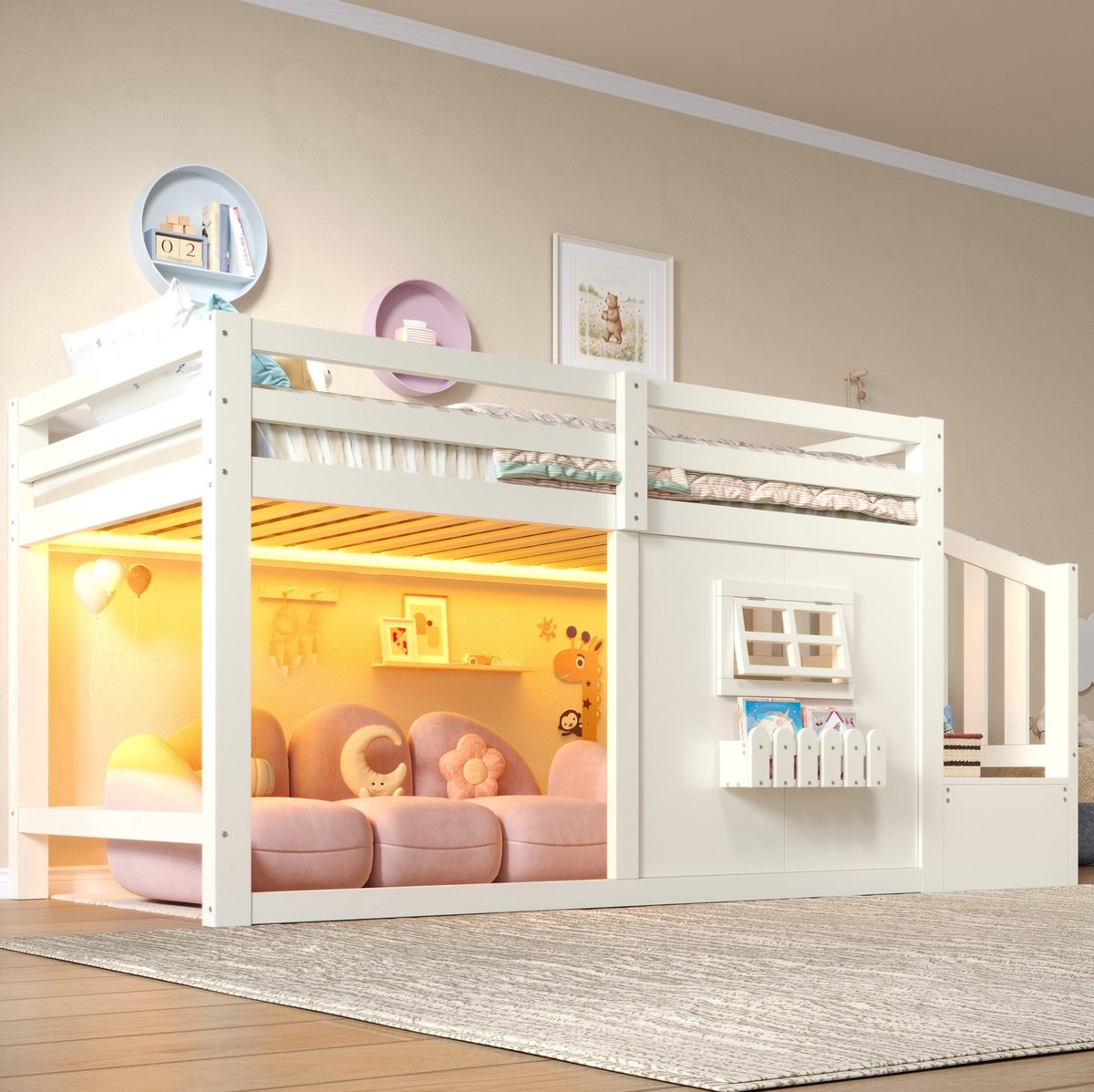 FloraGrace Hoogslaper 90 x 200 cm – Met Opbergladder, Raam En Ledverlichting – Hout En MDF – Voor Kinderen – Wit – Zonder Matras