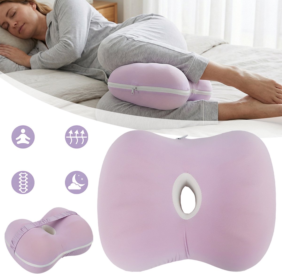 Kniekussen Van Traagschuim Voor Zijslapers - Ergonomische Vorm, Verkoelende Ijzijde, Afneembare Wasbare Hoes - 25x20x14cm - Roze-Paars
