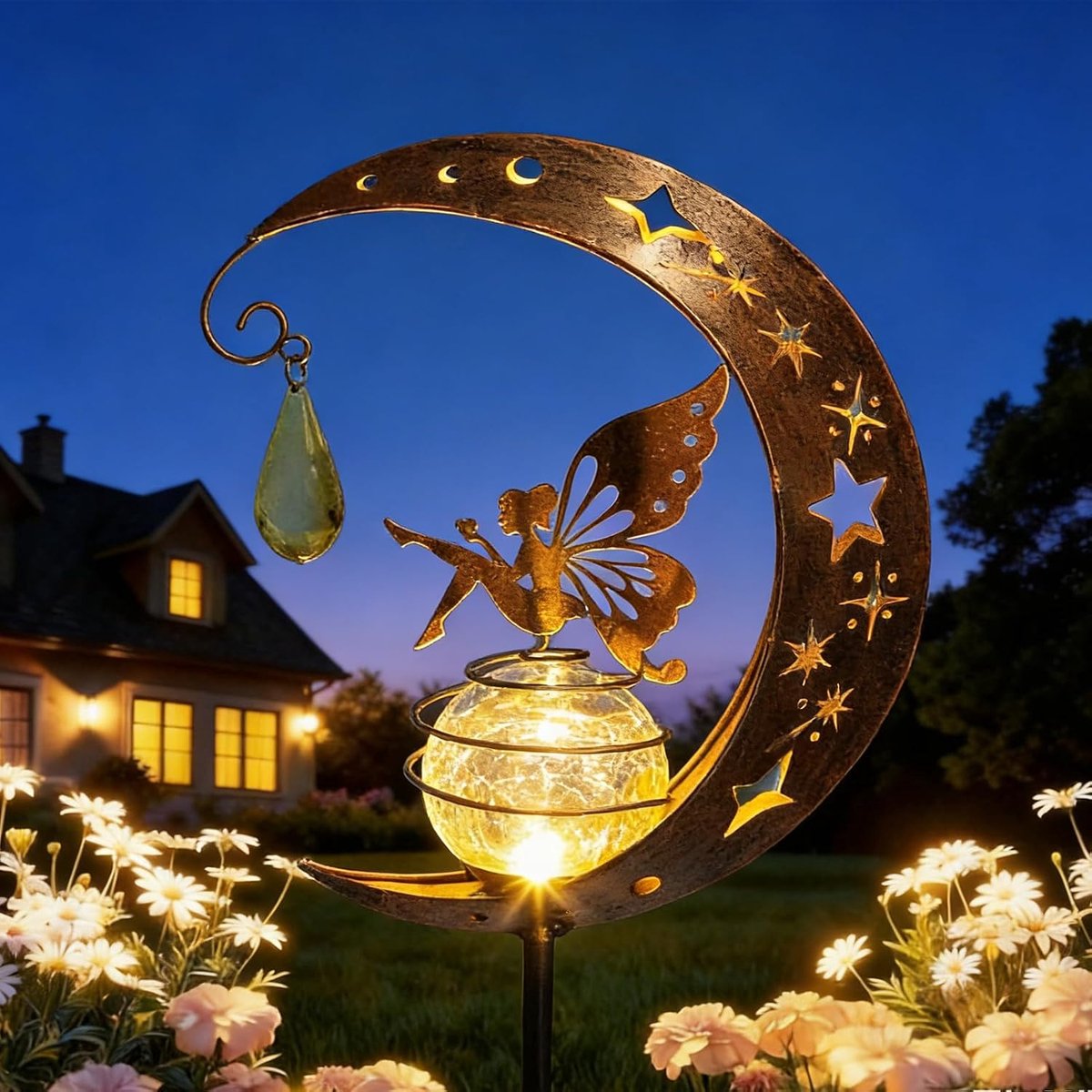 Zonne-Tuinlicht - Buiten Fairy Maanlamp - Solarlamp Met Craquelé Glazen Bol - LED-Paalverlichting - Engel Decoratief Voor Balkon Gazon Patio