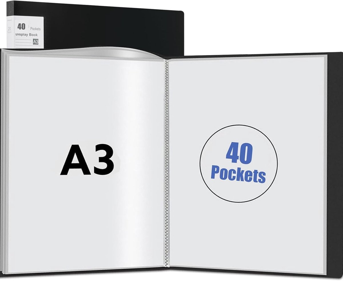 Display Boek Folder - Zwart - A3 - Met 40 Pocket en Doorzichtige Plastic Hoezen - Voor Documenten en Kunstwerken
