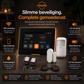 Hozard alarmsysteem met touchscreen, sirene, bewegingsmelder, deur/raam contact, keyfobs en smartphone.