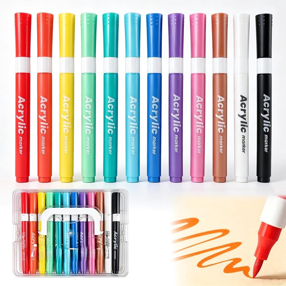 Acrylmarkers met Penseelpunt - Multicolor - 12 Stuks - Wasbare Waterinkt - Voor Creatieve Projecten