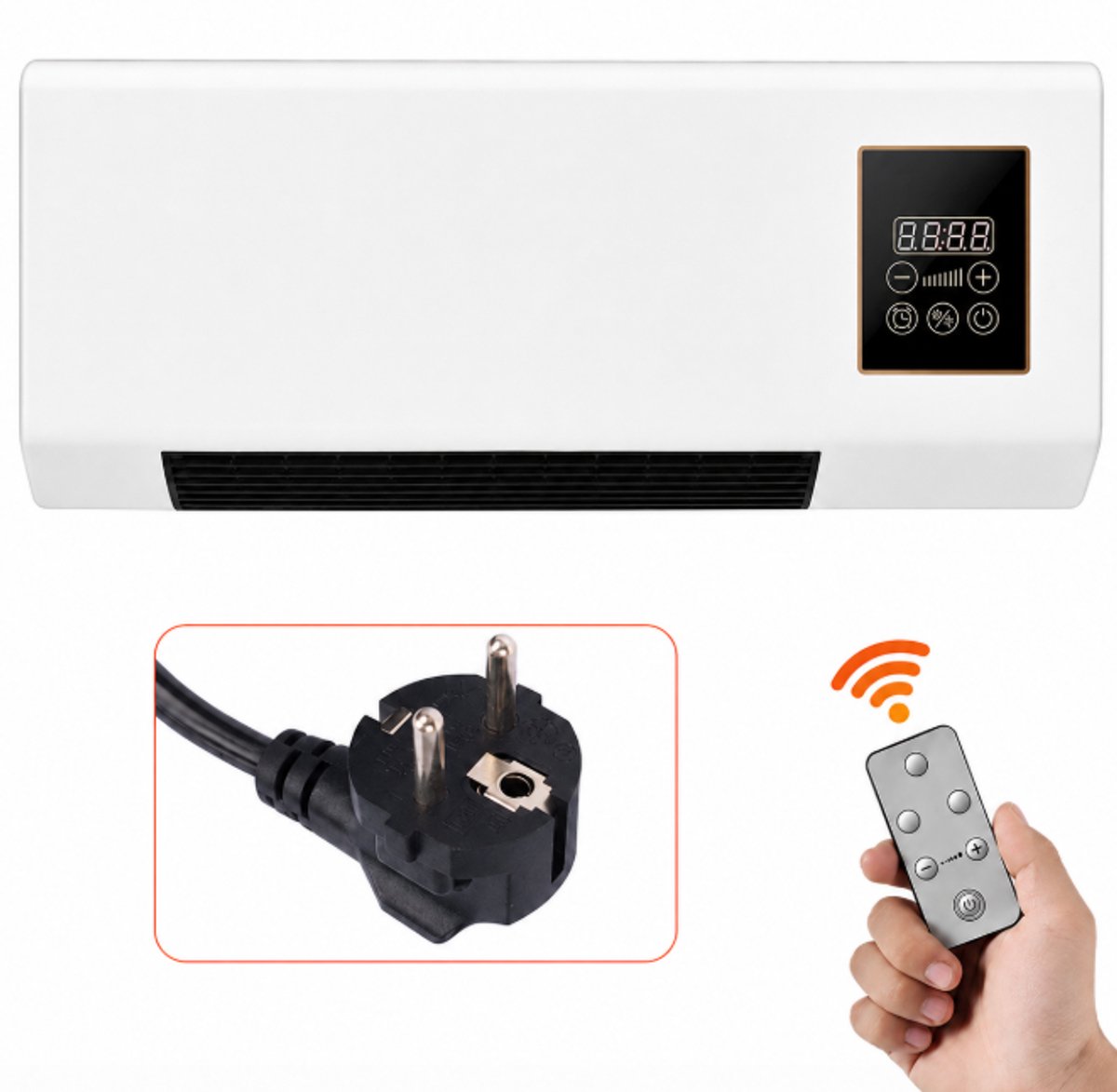 Lichte wandkachel met maximaal 2000 W voor warme lucht – stil met led-display, compacte IR-afstandsbediening, ideaal voor kleine ruimtes