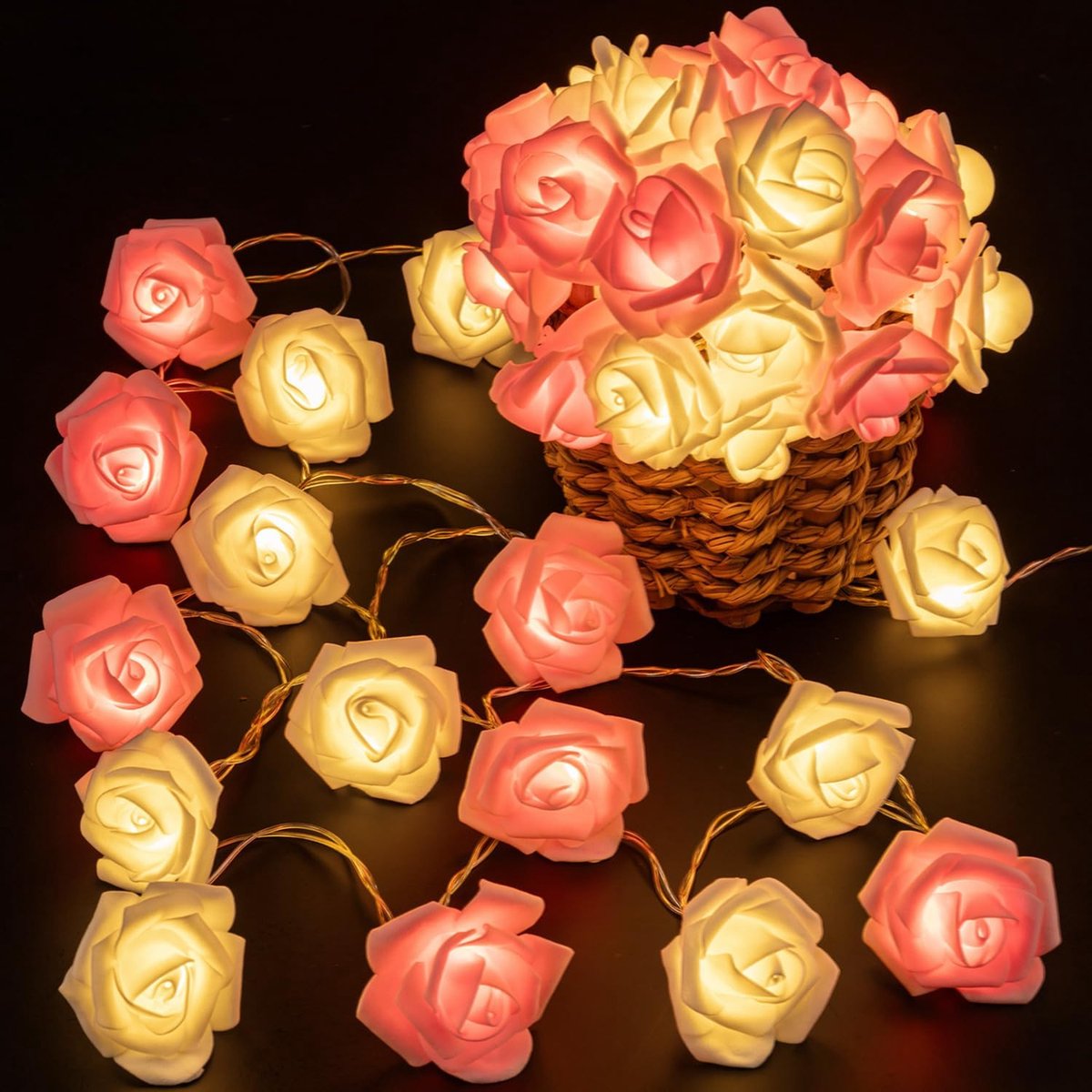Slingerlichten - Rozen- en Bloemenrank LED Verlichting - Met 2 Lichtstanden (Constant en Knipperend) - Batterijgevoed - Romantisch voor Valentijn Bruiloft Propositie en Feest - 10 Meter - 80 Lampjes