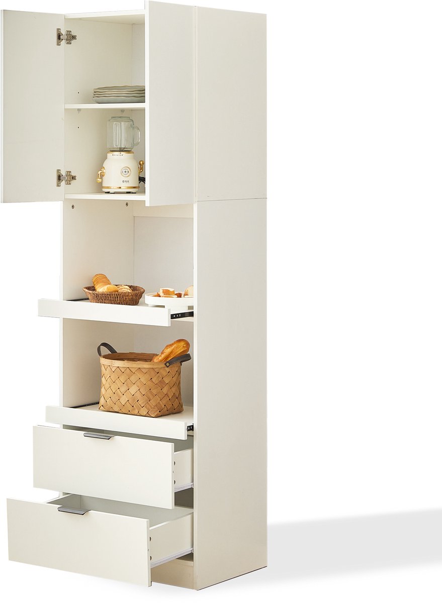 Ropilly Witte hoge keukenkast - Met lades en magnetronvak - Vrijstaande opbergkast met deuren - Voor keuken en eetkamer - 59,5x45x200 cm Wit