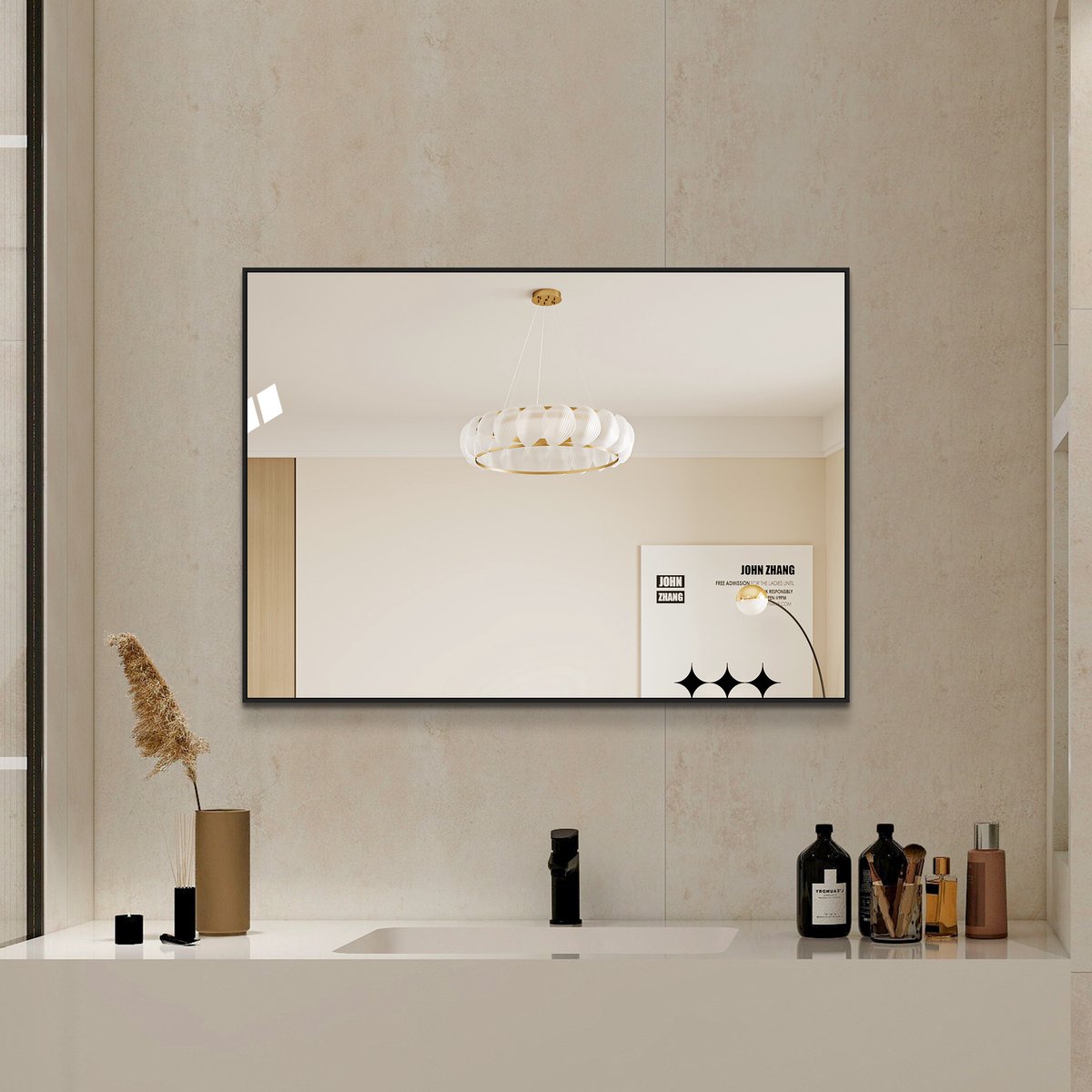 Badkamerspiegel van 50x70 cm met zwart aluminium frame, koperloze HD-wandspiegel, kan horizontaal en verticaal worden gemonteerd, voor badkamer, hal en kleedkamer
