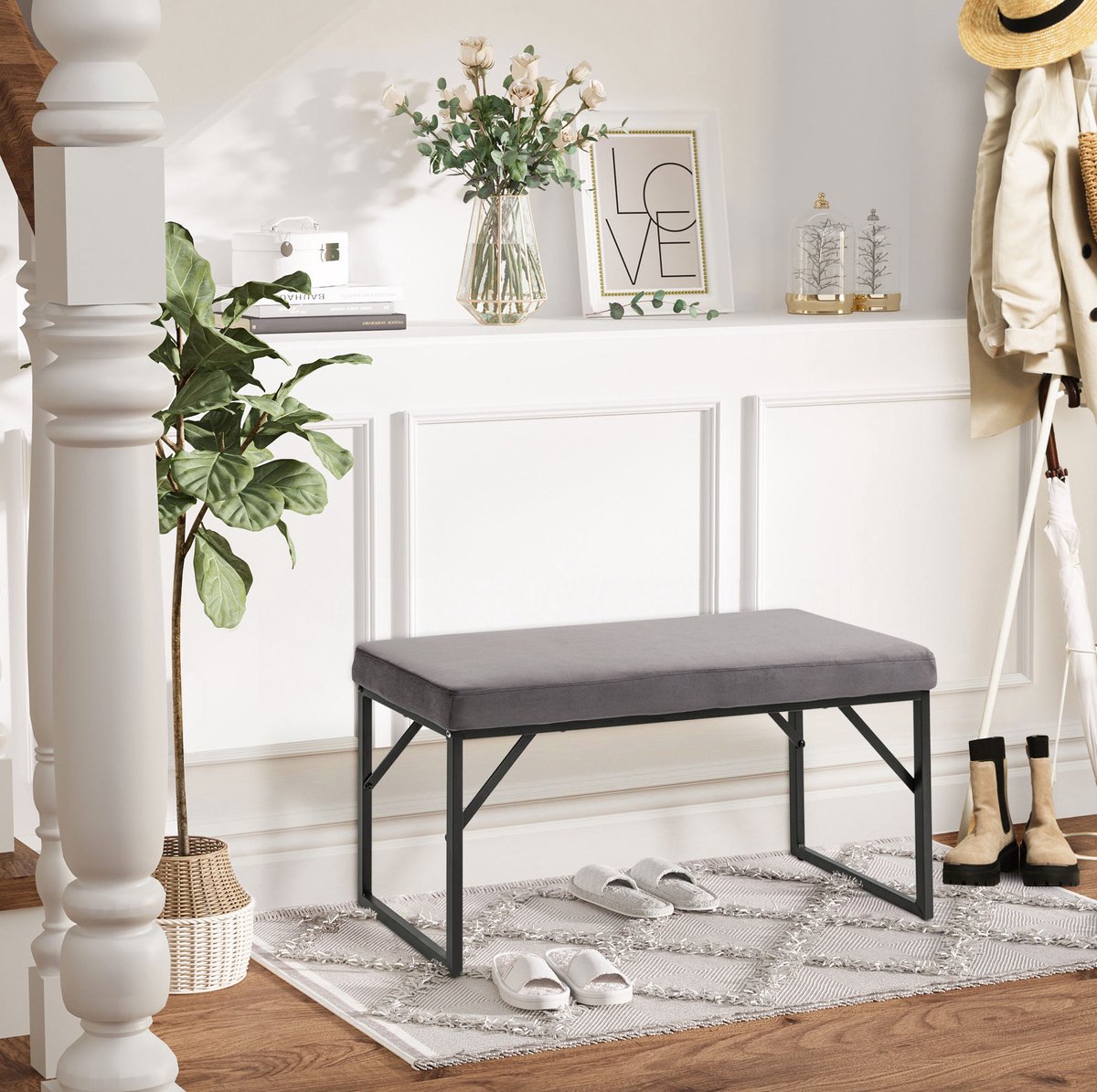 MODFU - Zitbank - Fluweellook - Donkergrijs - Metaal - 100 X 35 X 47 Cm