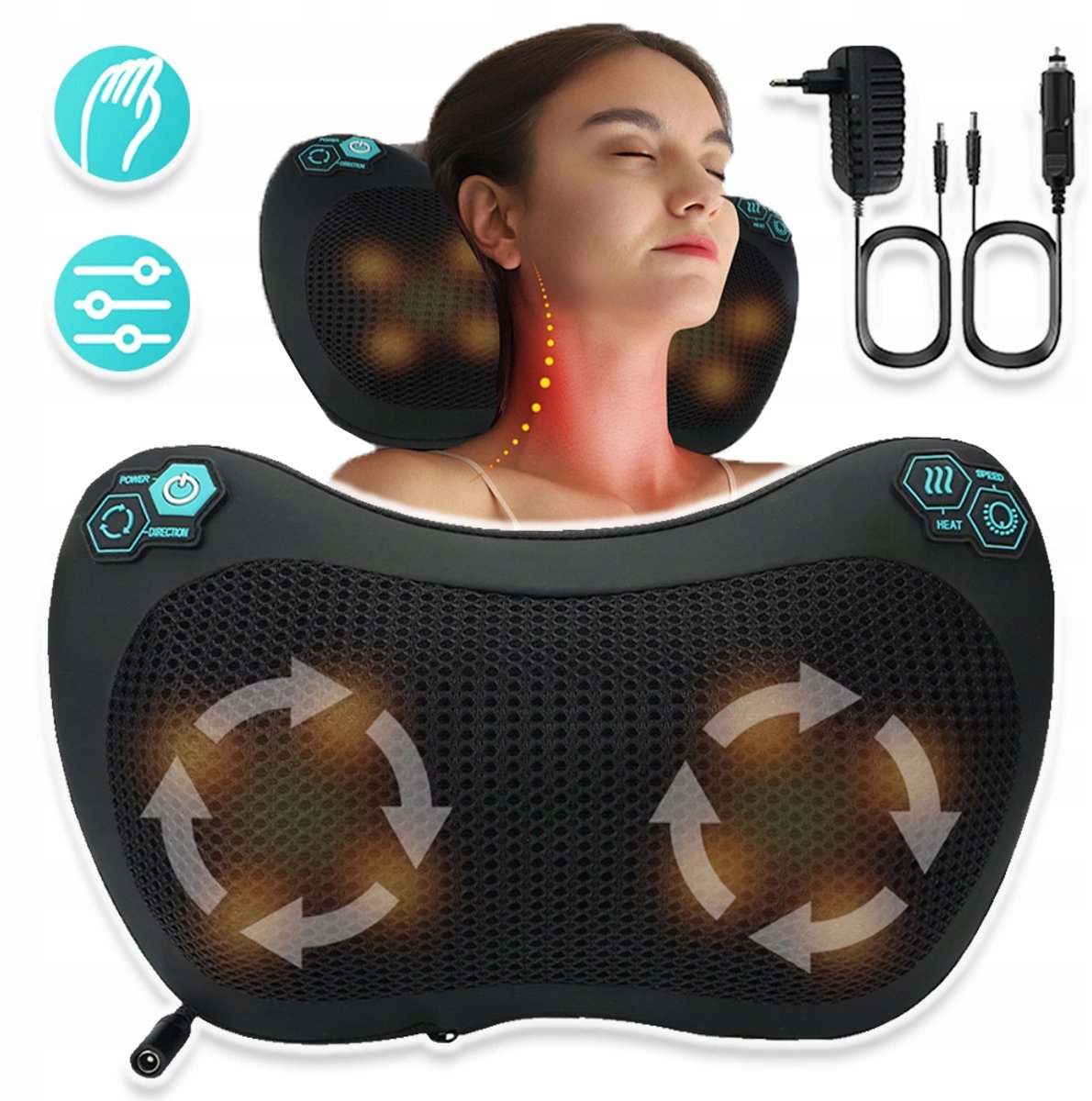 Massagekussen Met 8 Rollende Noppen - 3 Intensiteitsniveaus, Rotatie In Twee Richtingen, Elastische Band, Automatische Uitschakeling - Voor Rug, Nek, Schouders En Benen - Zwart