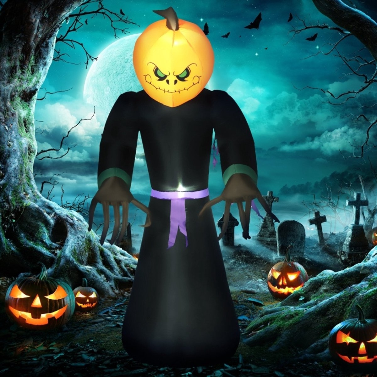 FloraGrace Opblaasfiguur Pompoengeest – 210 Cm – Polyester – Zwart En Oranje – Ledverlichting Voor Halloween Binnen En Beschut Buiten