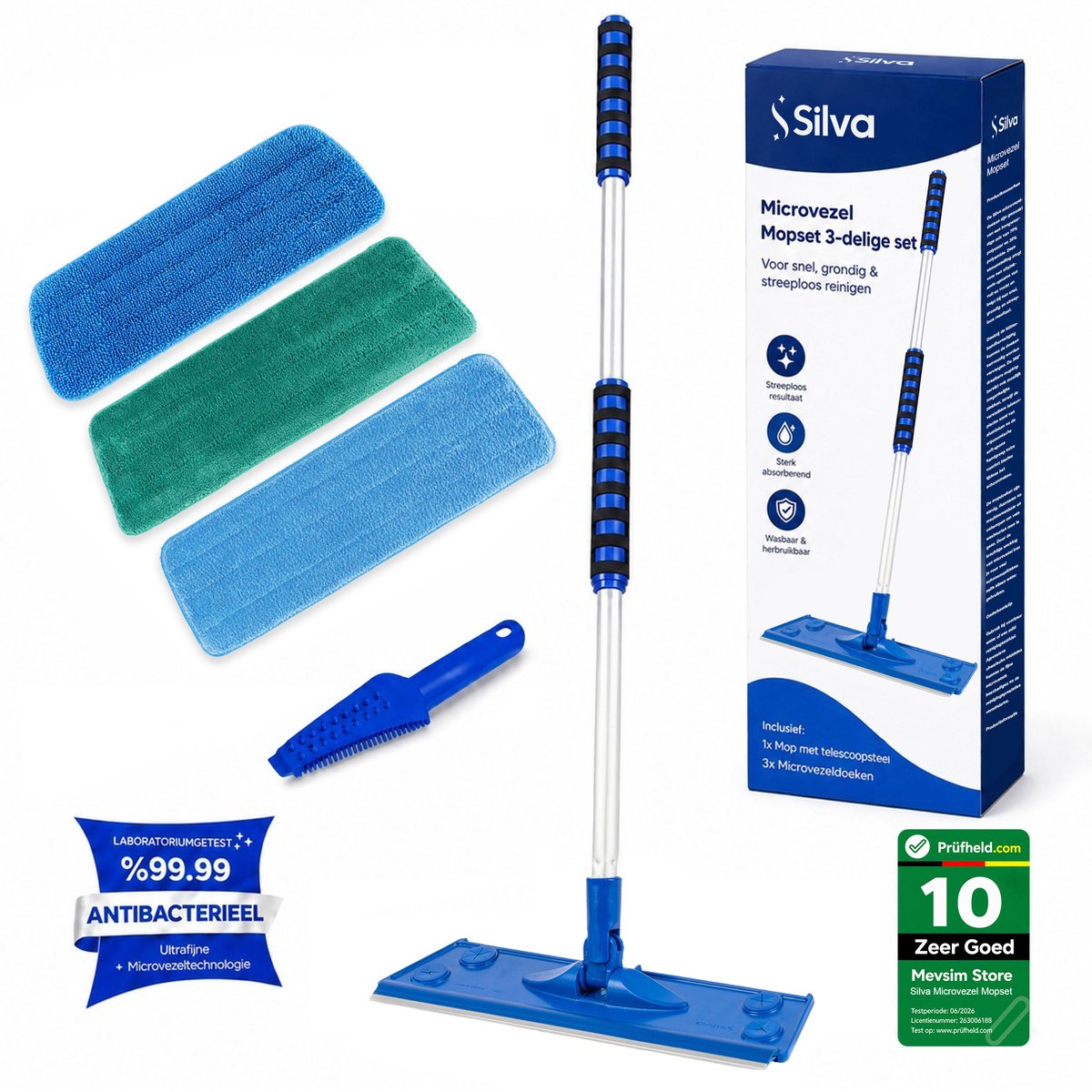 Silva Microvezel Dweil - Dweilsysteem - Vloerwisser - Vloermop - Mop - Dweilmop - Telescoopsteel - 3in1 Set - 42 cm Wisbreedte - Inclusief Reinigingskam