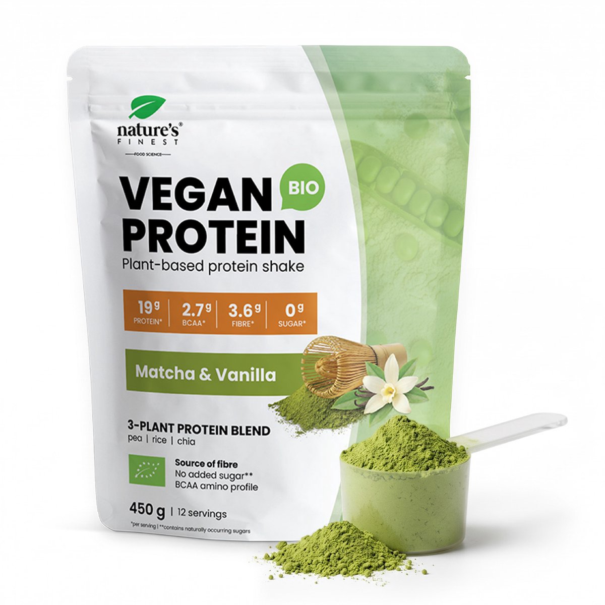Nature's Finest Bio Vegan Protein Shake Vanille & Matcha - Plantaardige Eiwitshake Poeder 450 g - 56 g Eiwit per 100 g uit Erwt, Rijst en Chia - Rijk aan Eiwit en Vezels - Biologisch, Vegan en Suikervrij - 12 Porties