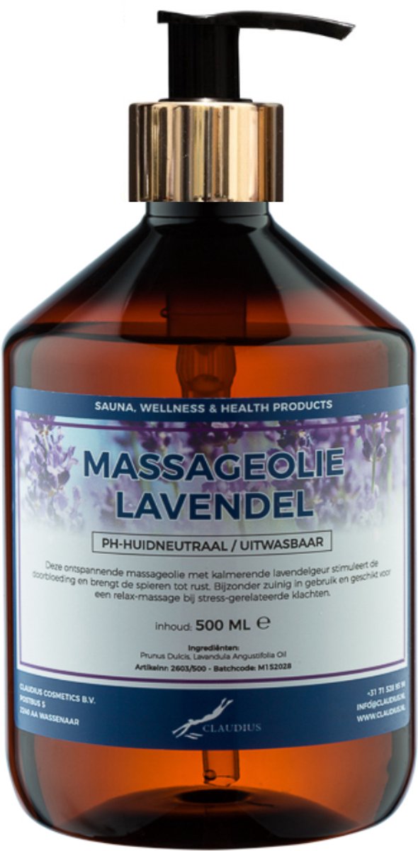 Massageolie Lavendel 500 ml met gouden pomp - 100% natuurlijk - biologisch en koud geperst
