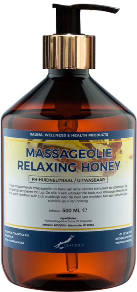 Massageolie Relaxing Honey 500 ml met gouden pomp - 100% natuurlijk - biologisch en koud geperst