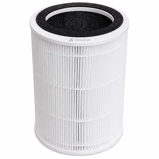 Een wit AtmosPure HEPA 13 luchtfilter met actieve koolstof op een witte achtergrond.