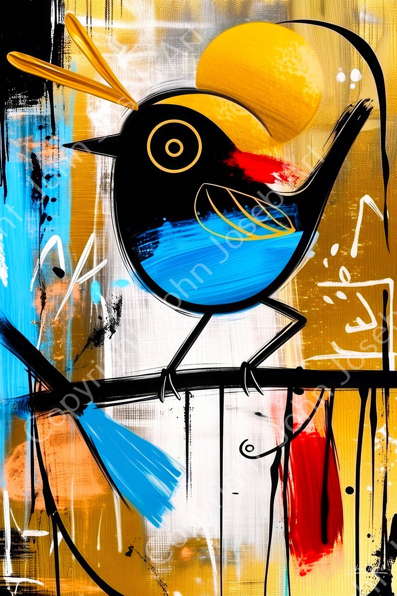 John Joseb Art (Canvas) 120x80 | Vogel op een tak, abstract, Herman Brood stijl, kunst, dier, goud, brons, bruin, rood, blauw, modern | Foto-Schilderij canvas print (wanddecoratie) Canvas, dikte 2 cm
