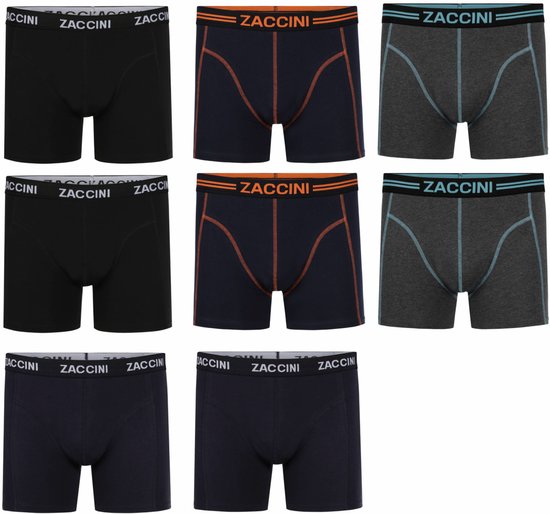 Zaccini boxershorts in het zwart, donkerblauw en grijs met gekleurde Zaccini-logo taillebanden.