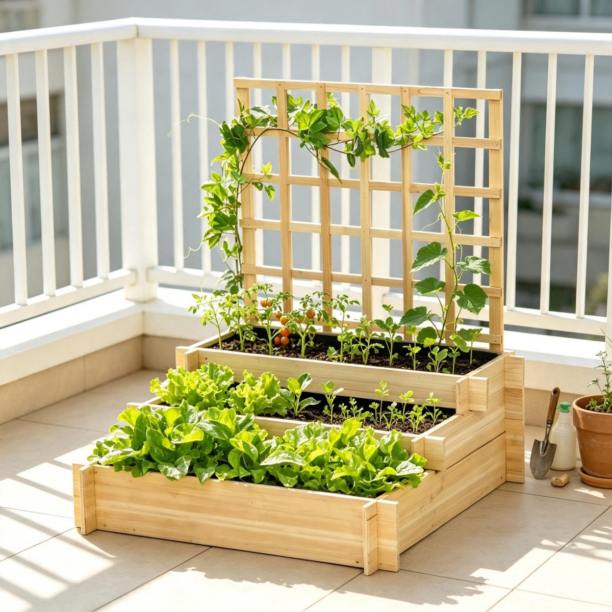 Moestuinbak met Klimrek – 3 Niveaus – 95 x 95 x 110 cm – Hout – Naturel – Voor Groenten, Kruiden en Bloemen