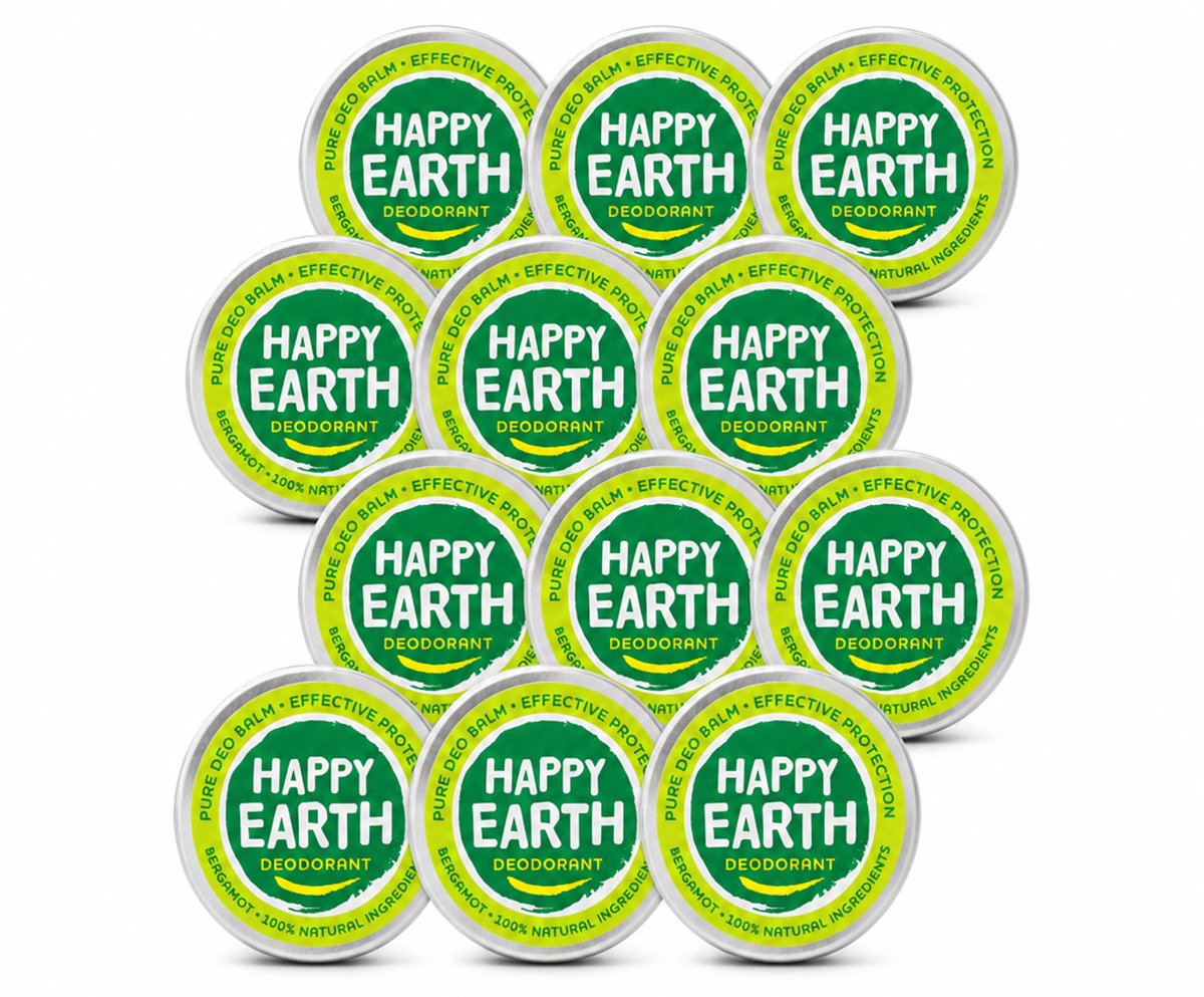 12 x Happy Earth – Deodorant Balm – 100% Natuurlijk Bergamot – 45 g - Voordeelverpakking - 12 stuks