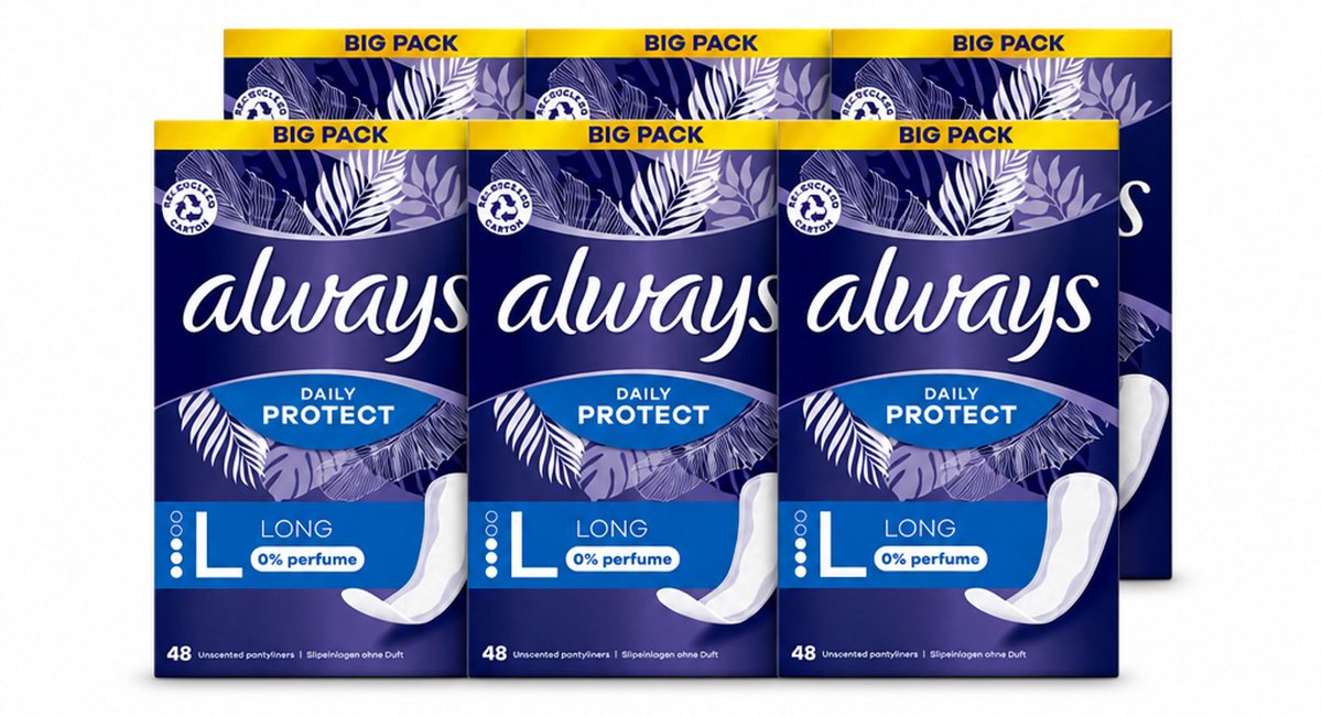 6 x Always - Inlegkruisjes - Long - 0% Parfum - 48 Inlegkruisjes - Voordeelverpakking - 6 stuks