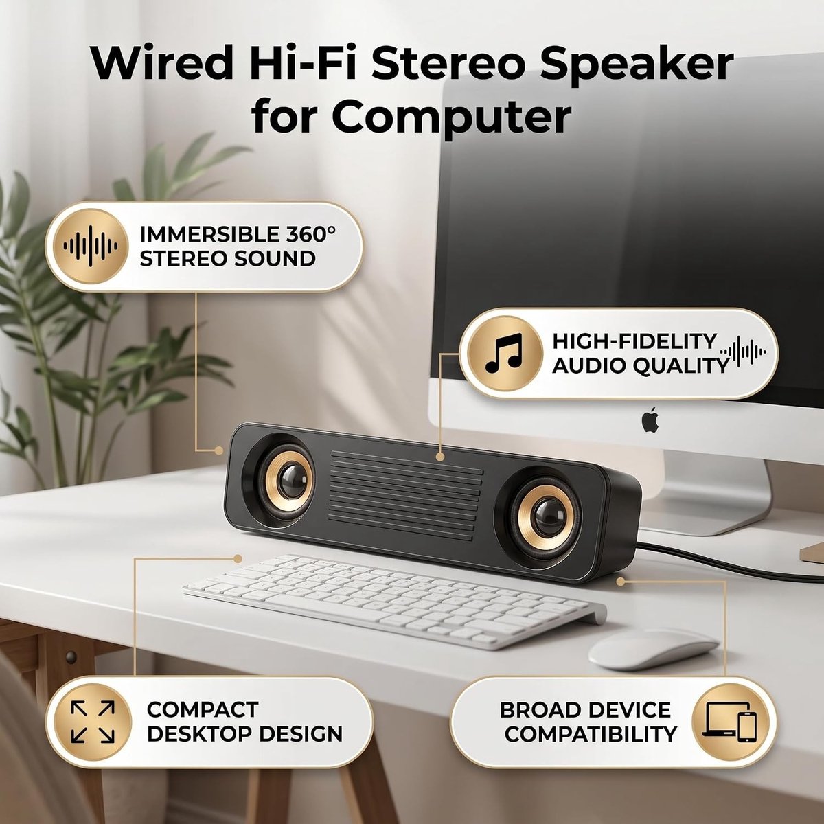 Soundbar - Goud - USB-aangedreven - Hifi Stereo Subwoofer - Voor Tv en Desktopcomputer