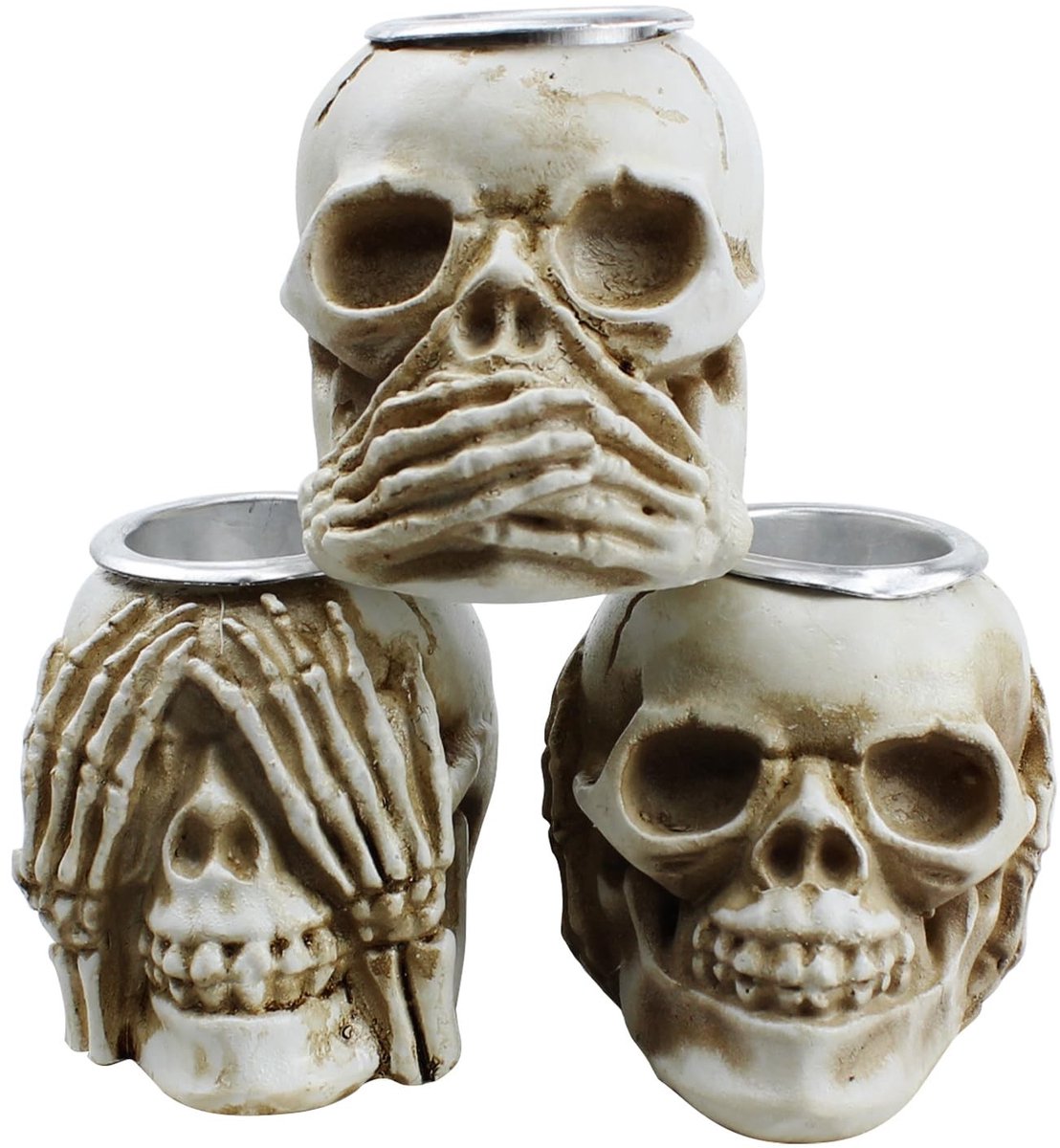Elzusha - Set van 3 Houten Skallen Kaarsenhouders - Halloween Decoratie