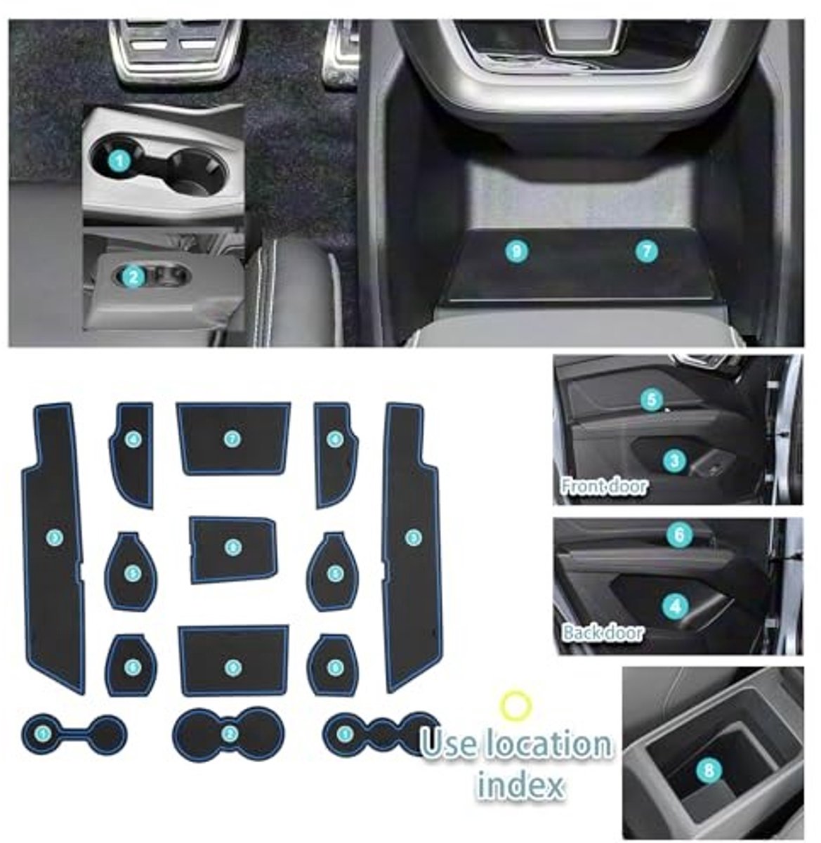 Elzusha - Antislipmat voor Audi Q4 Etron 2023-2026 - Blauw, voor deursleuf en bekerhouder