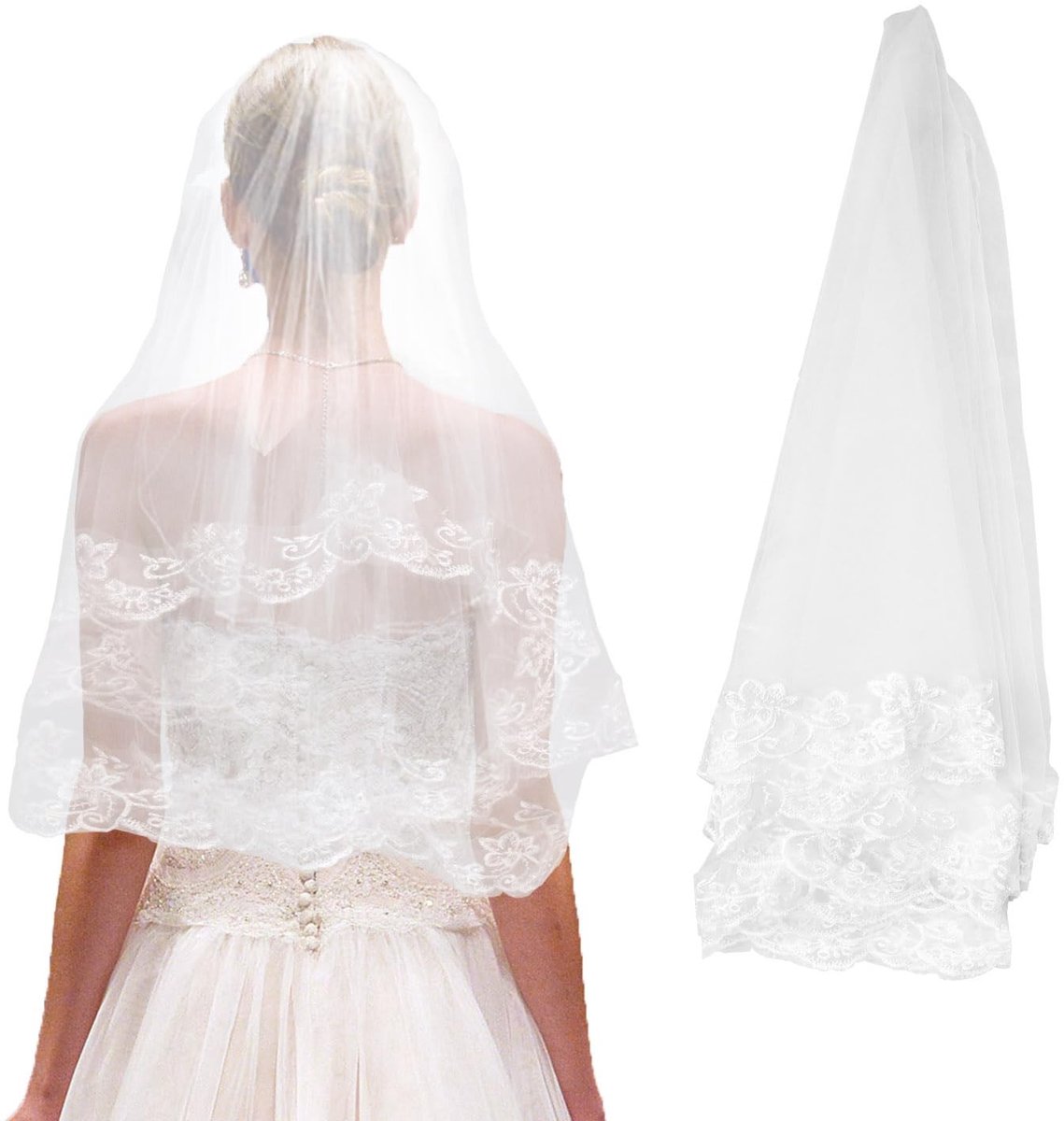 Elzusha - Bruidsluier - Korte Tulle met Kant - Ivoor
