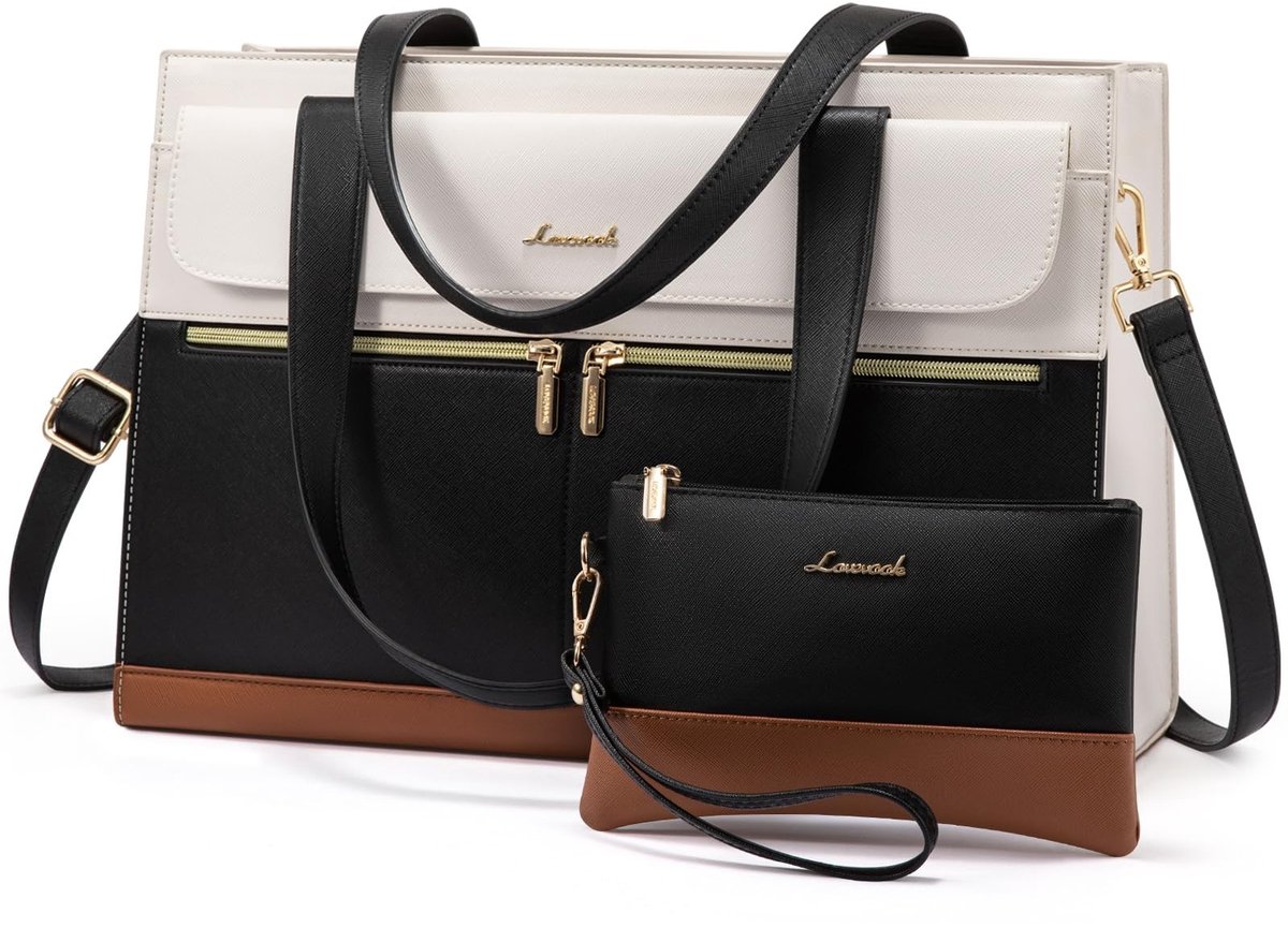 Elzusha - Laptop Tas voor Vrouwen - Waterdicht - PU Leer - A-zwart-beige-bruin