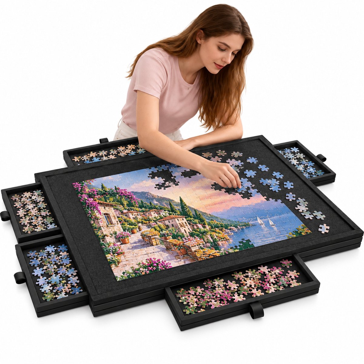 Currero Puzzeltafel Met Lades 1000 Stukjes - Puzzelbord - Puzzelmat - Opbergsysteem - Vilt - Met Deksel - Legpuzzel Accessoires - 1000 Pcs Zwart