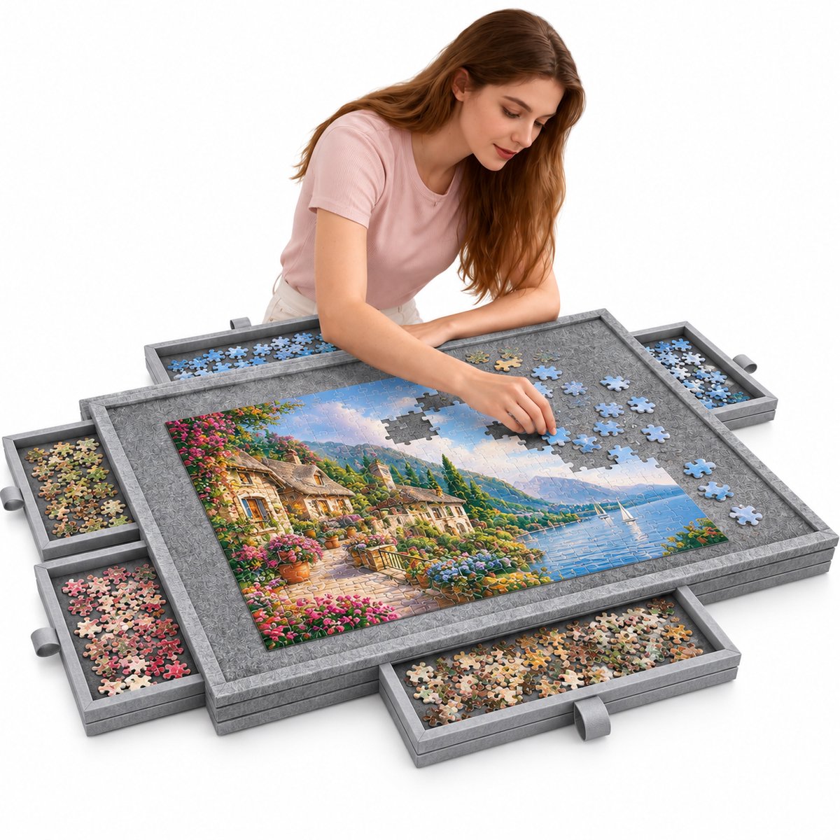 Currero Puzzeltafel Met Lades 1000 Stukjes - Puzzelbord - Puzzelmat - Opbergsysteem - Vilt - Met Deksel - Legpuzzel Accessoires - 1000 Pcs Grijs