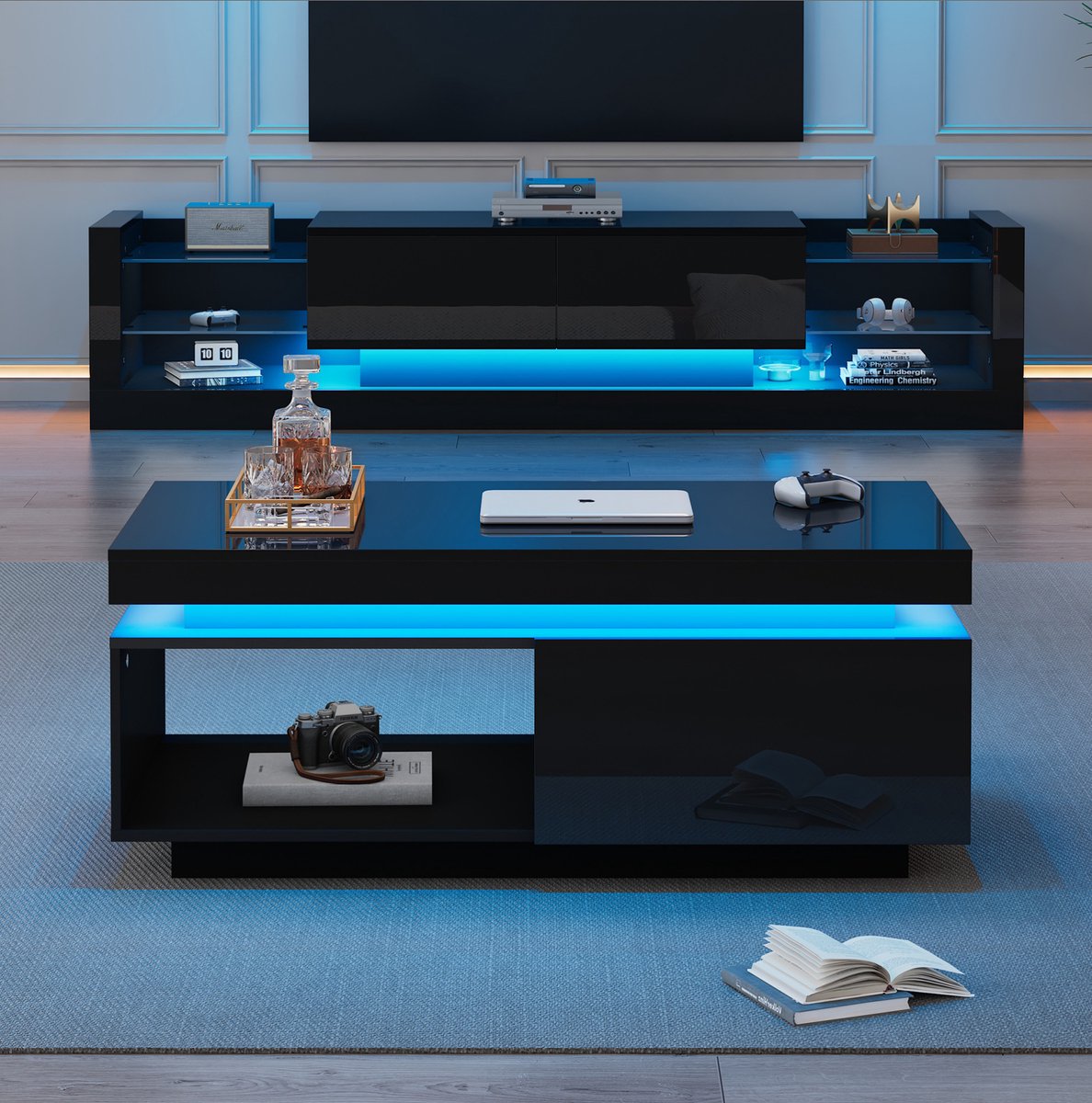 MODFU Tv Meubel Set - Hoogglans - LED - Zwart - Spaanplaat - Met Koffietafel