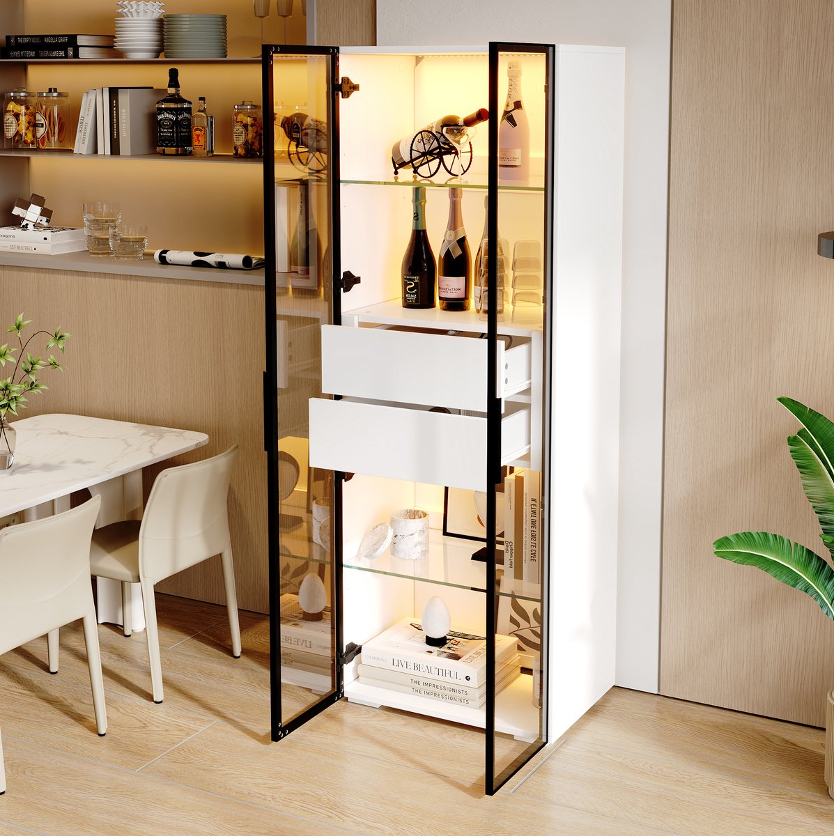 DESMIU Vitrinekast - Ledverlichting En Glazen Deur - Voor Woonkamer En Interieur - MDF En Gehard Glas - 60 x 40 x 160 cm - Wit Zwart
