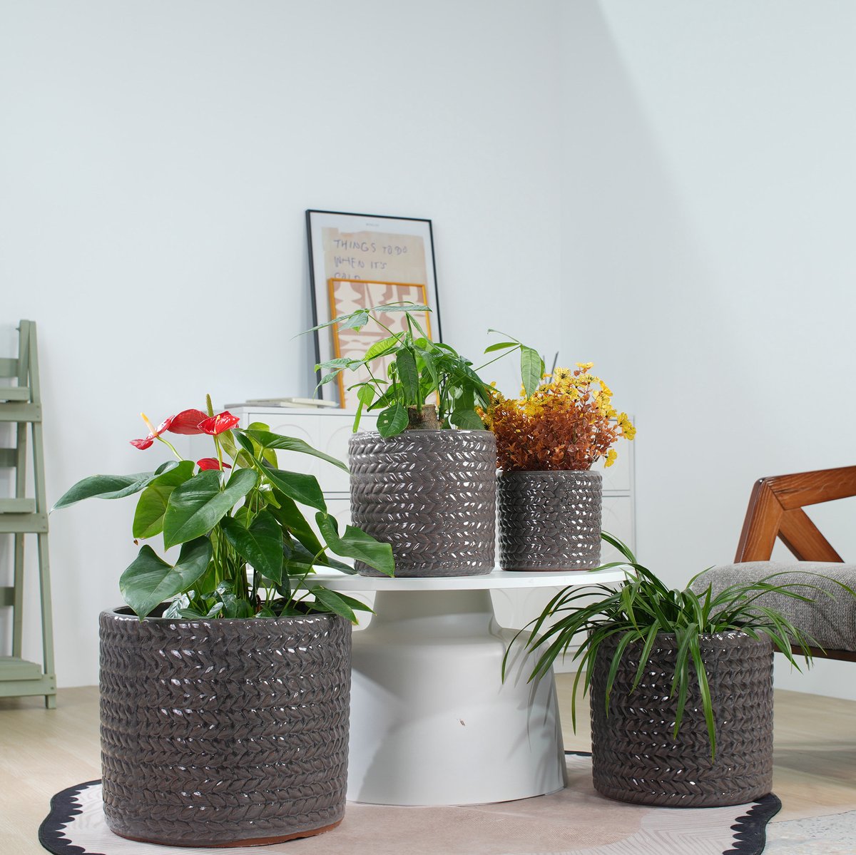 Bloempot – Diameter 17,5 cm – Keramiek – Grijs – Rond Visgraatreliëf – Afwateringsgat voor Binnen en Buiten