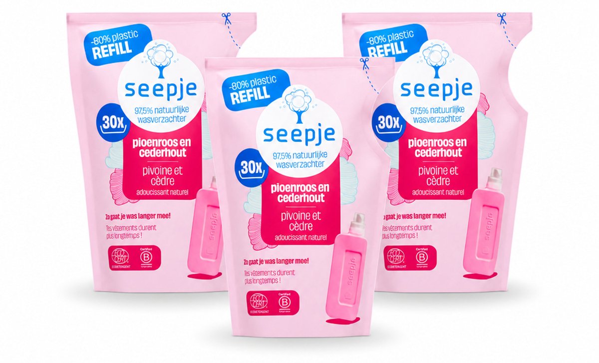 3 x Seepje - Wasverzachter - Duurzaam & Frisse Geur - Navulling - Pioenroos en Cederhout - 30 Wasbeurten - 750 ml - Bulkverpakking - 3 stuks