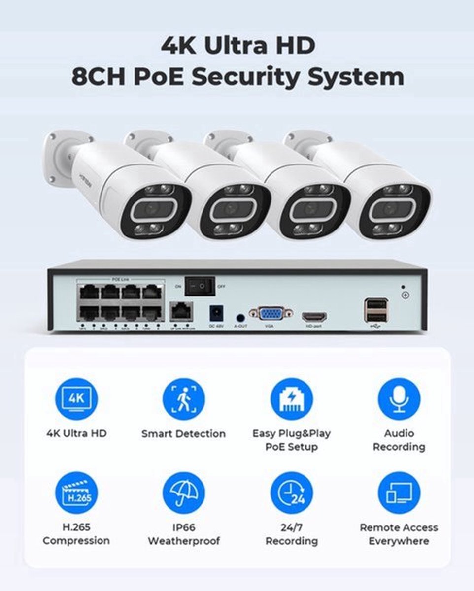 Beveiligingscamera Systeem - 5MP 8PCS - 4TB Opslag - PoE - Buiten IP66 - Nachtzicht Kleur