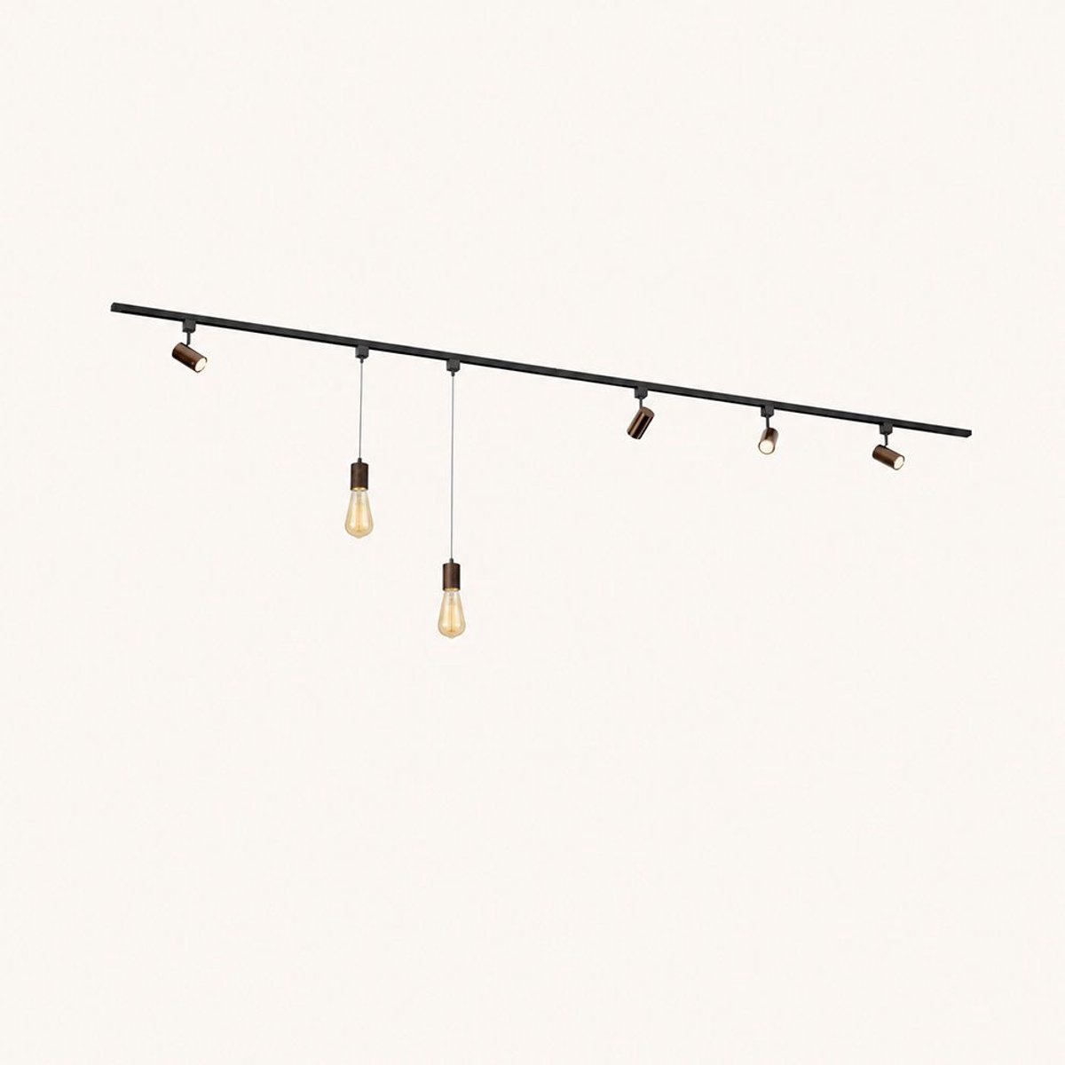 Railverlichting Pakket - Recht - 2x 1,5 m rail - 4 railspots - 2 hanglampen - Incl. GU10 & E27 - Warm wit - IP20 - Modulair - 230V - Beloria/Avaro - Brons