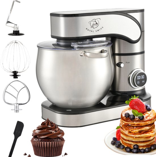 RVS keukenmachine met kom, garde, deeghaak, klopper, spatel, cupcake en stapel pannenkoeken met fruit.