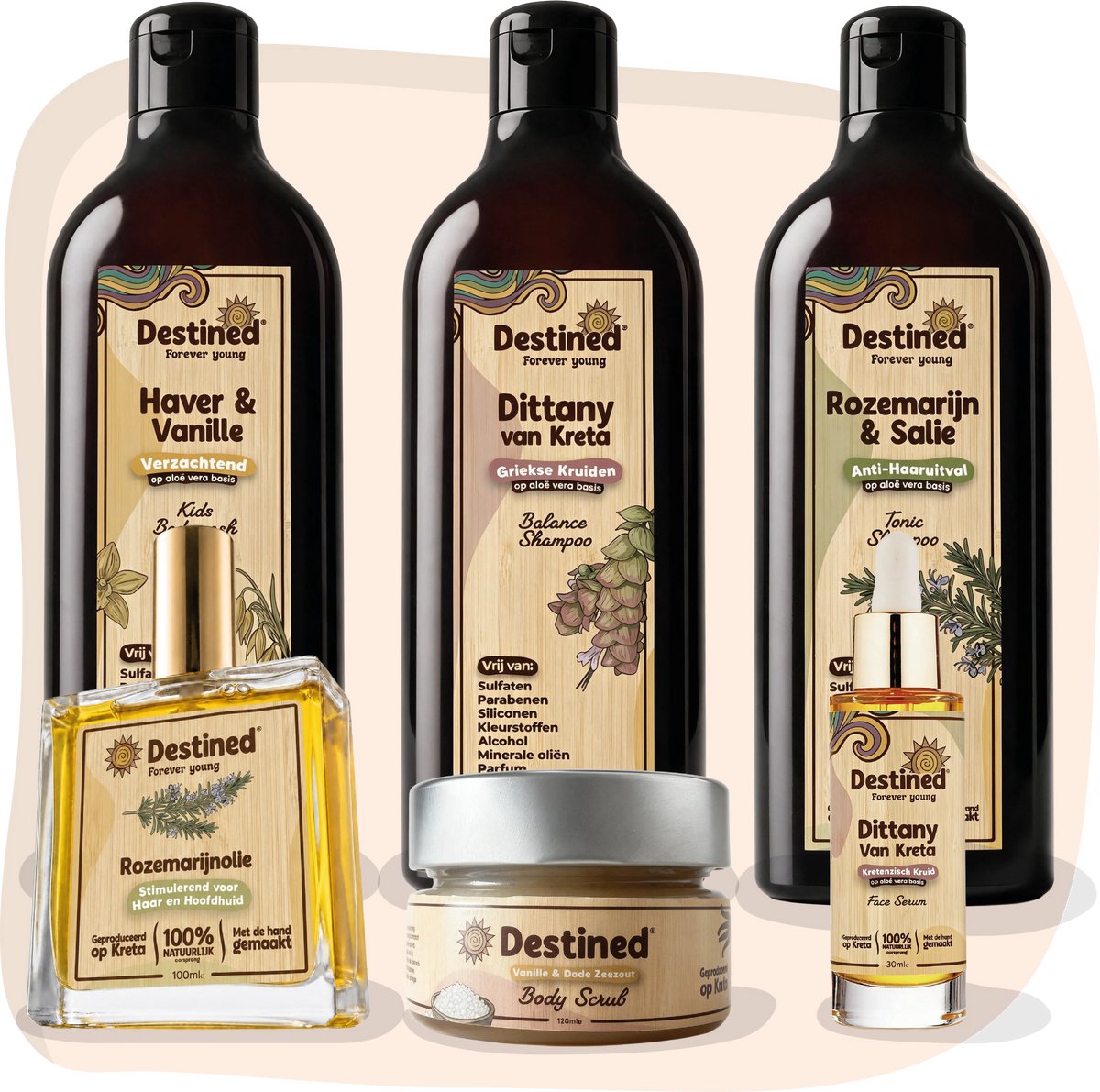 Destined® Flower Power Skincare Discovery Set Groot - Rozemarijn & Dittany Shampoo XL, Haver & Vanille Bodywash XL, Bodyscrub XL, Gezichtsserum & Haarolie XL - 100% Natuurlijke Afkomst & Handgemaakt in Griekenland